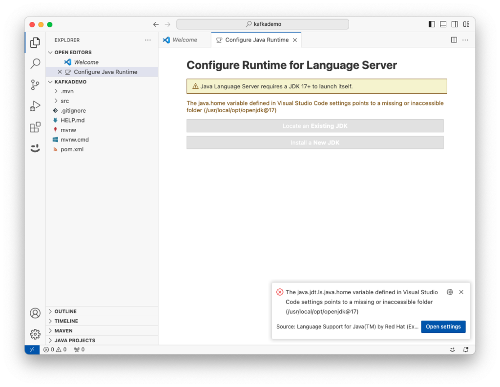 configure runtime for language server java language server requires a JDK 17+ to launch itself. The java.home variable defined in Visual Studio Code settings points to a missing or inaccessible folder (/usr/local/opt/openjdk@17)